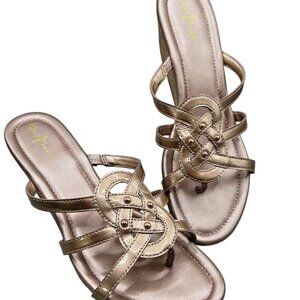 Cole Haan Sandals Womens Size 9 Metallic Rose Gold Cork Wedge Thong Slip On‎